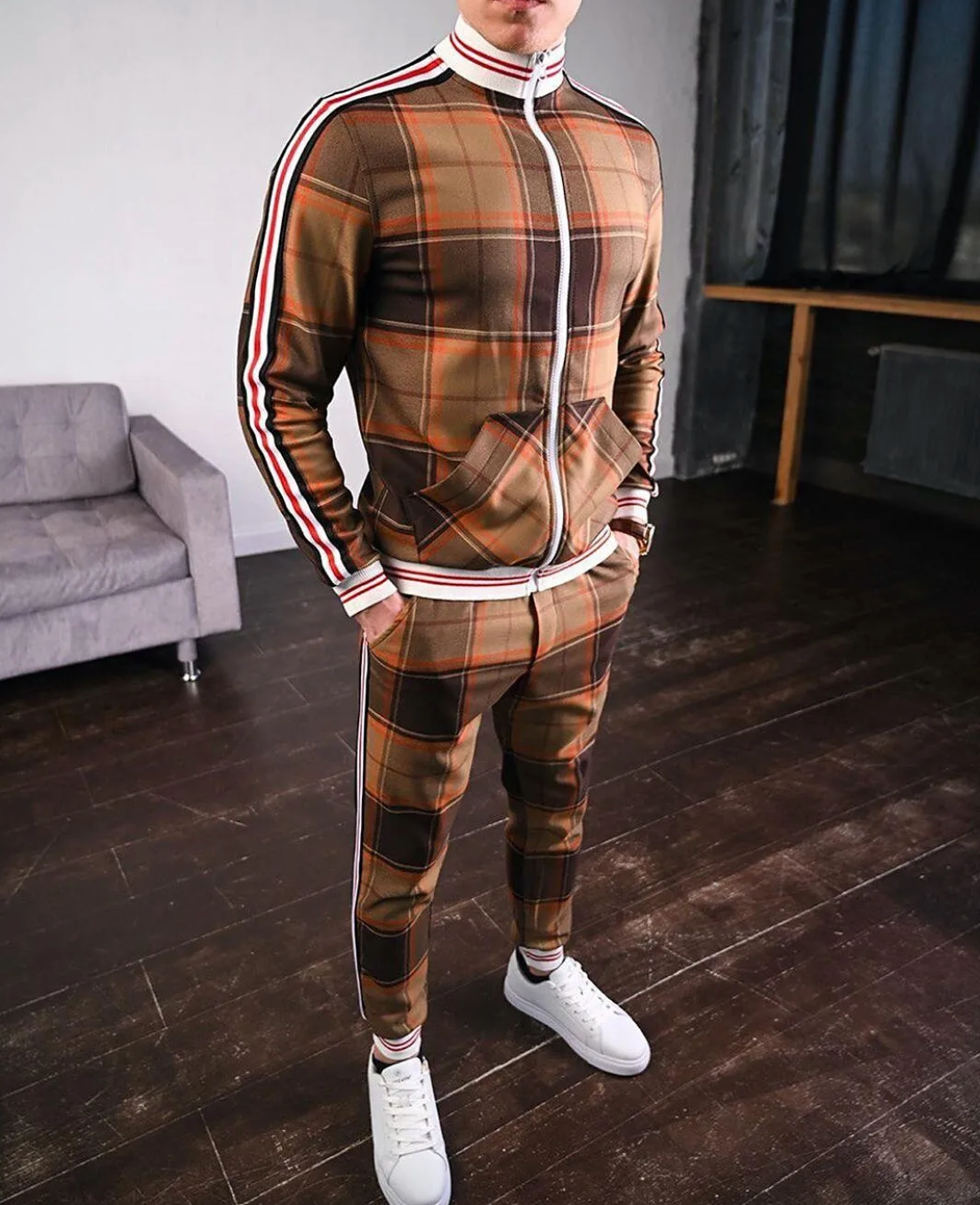 Men's Plaid Athletic Tracksuit with Colorblock Details