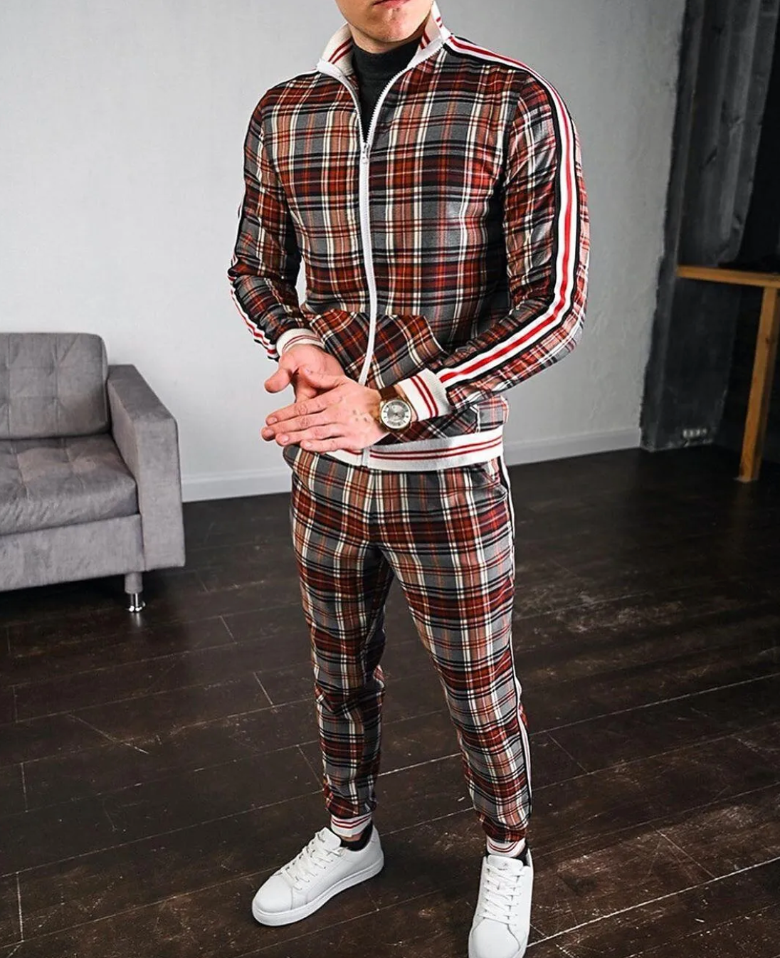 Men's Plaid Athletic Tracksuit with Colorblock Details
