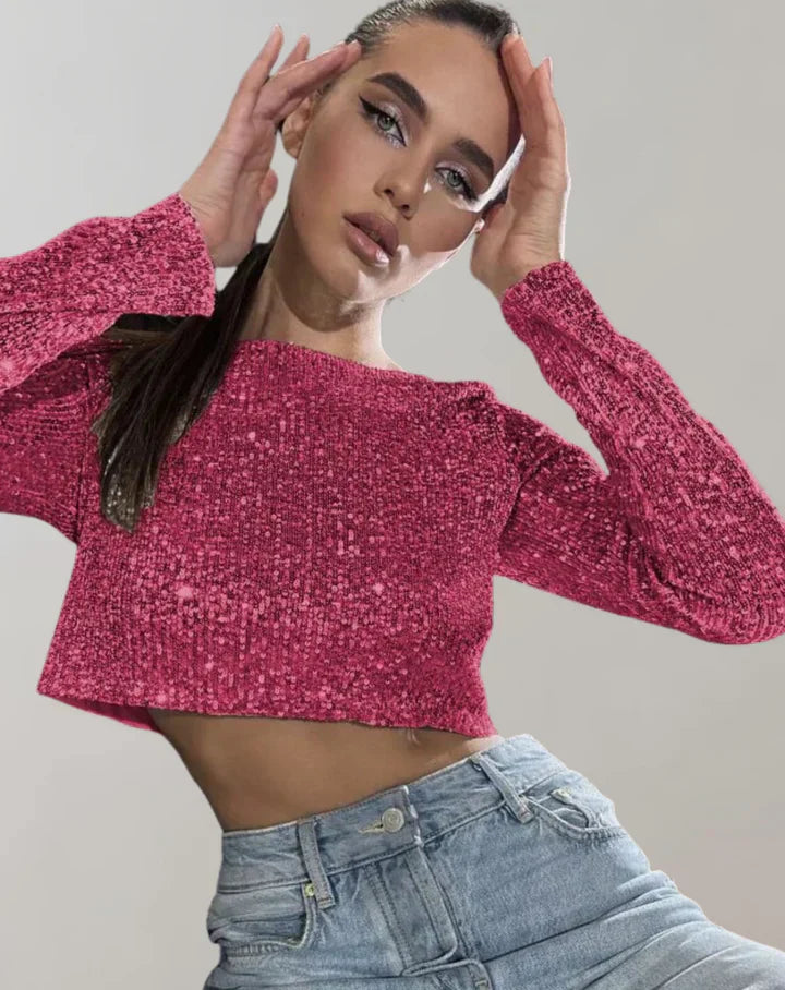 Glittering Women's Long Sleeve Cropped Party Top