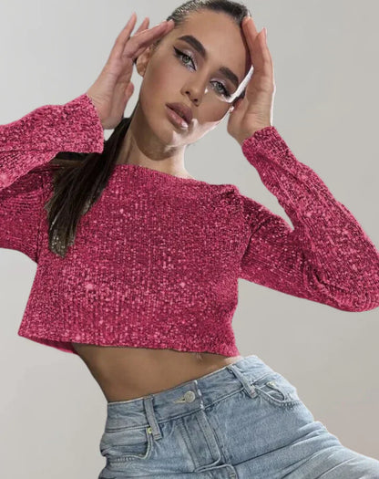 Glittering Women's Long Sleeve Sparkly Crop Top