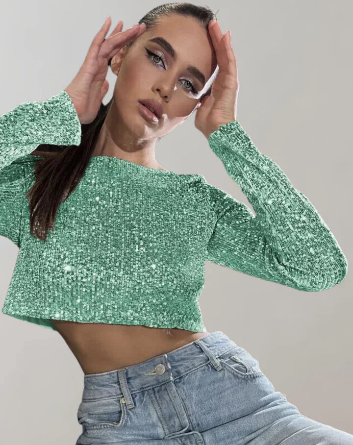 Glittering Women's Long Sleeve Cropped Party Top