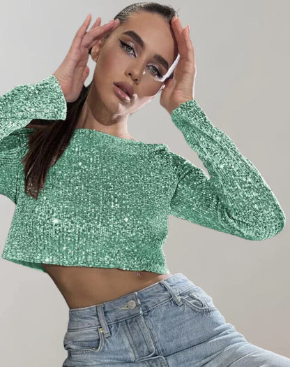 Glittering Women's Long Sleeve Cropped Party Top