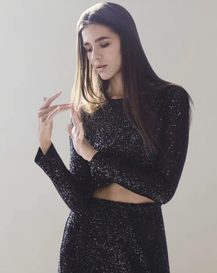 Glittering Women's Long Sleeve Sparkly Crop Top