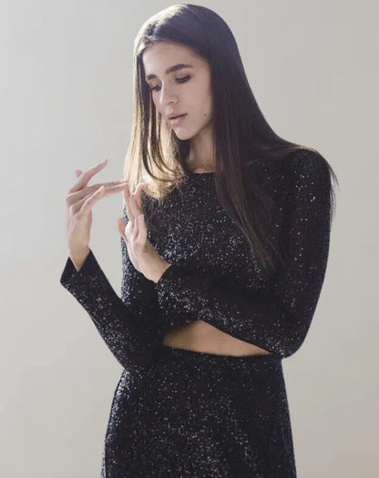 Glittering Women's Long Sleeve Sparkly Crop Top
