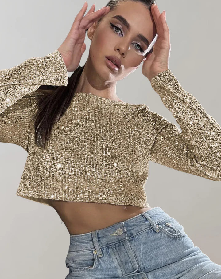 Glittering Women's Long Sleeve Cropped Party Top - OutfitLondon