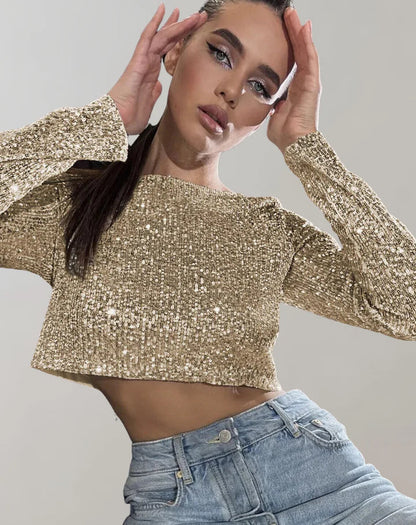 Glittering Women's Long Sleeve Cropped Party Top - OutfitLondon