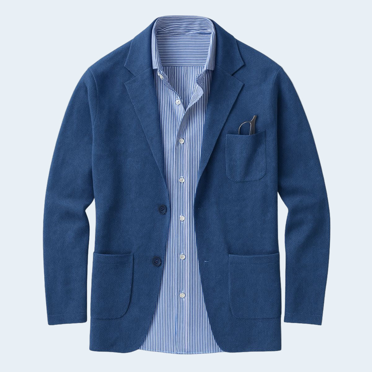 Blue blazer with a striped shirt on a light gray background