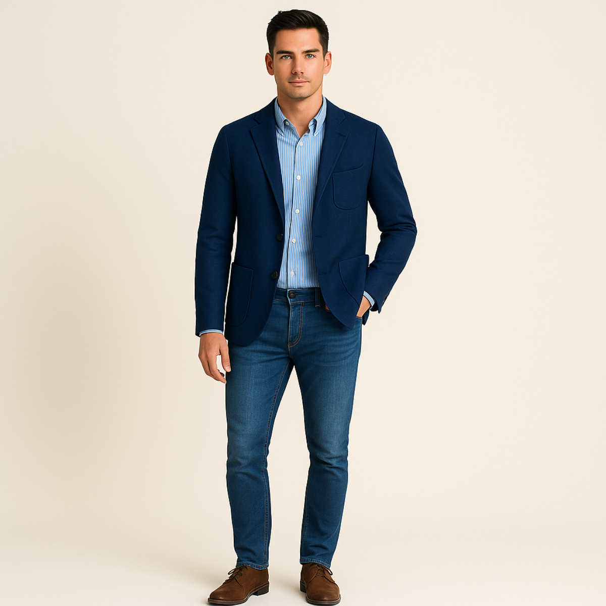 Man wearing a navy blazer, light blue shirt, and jeans on a beige background