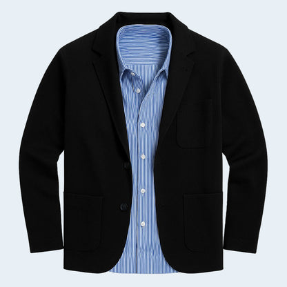 Black blazer with a blue striped shirt on a light gray background