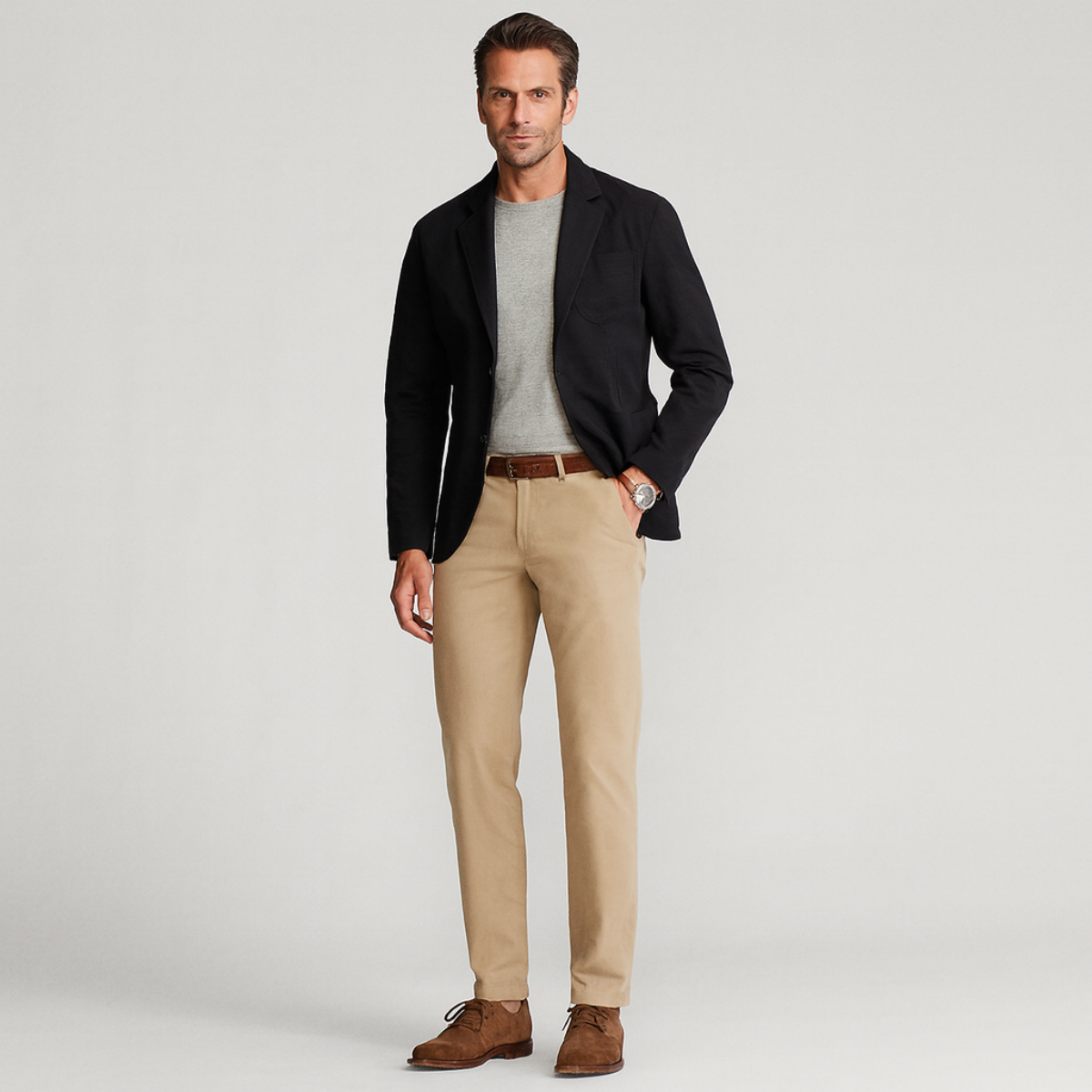 Man wearing a black blazer, gray shirt, beige pants, and brown shoes on a light gray background