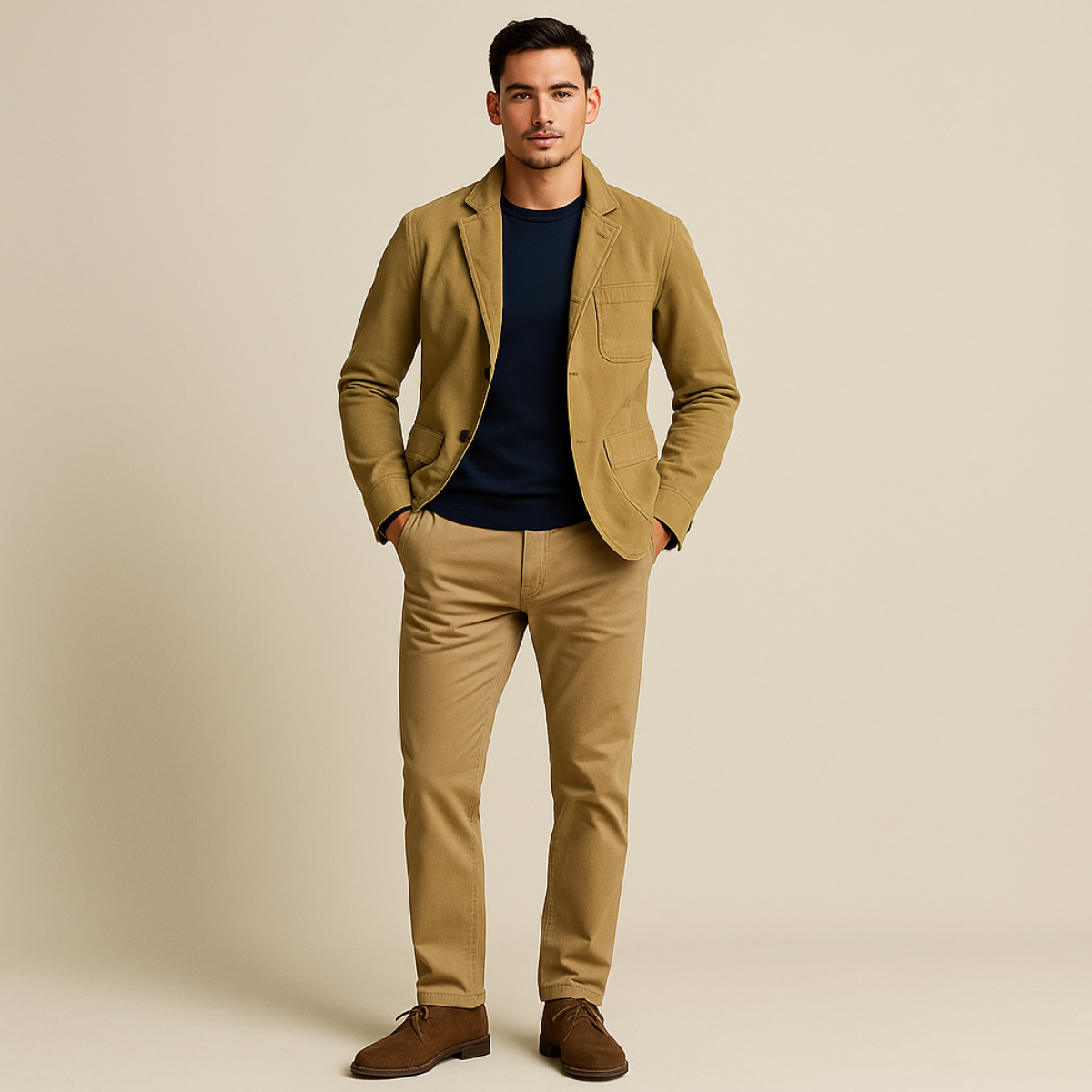 Man wearing a brown jacket and pants on a beige background