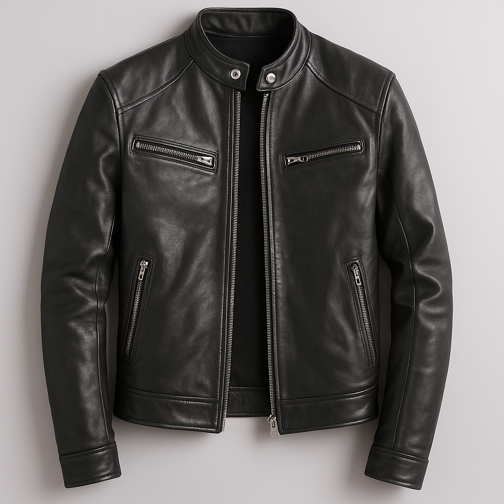 Classic Mens Brown Leather Biker Jacket with Zip Front