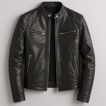 Classic Mens Brown Leather Biker Jacket with Zip Front