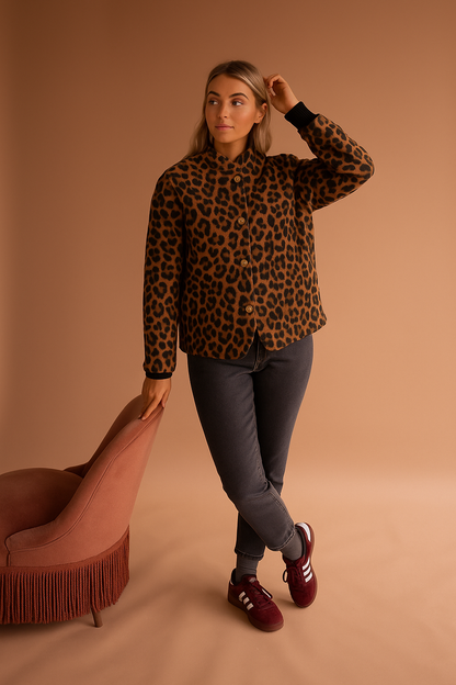 Stylish Leopard Coat with Buttons and Pockets