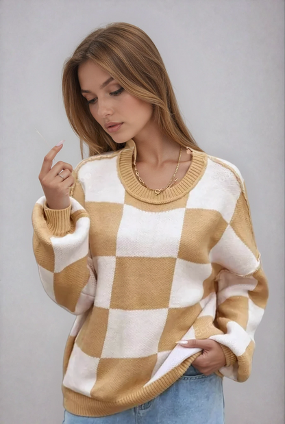 Trendy Checkerboard Knit Women's Sweater - OutfitLondon