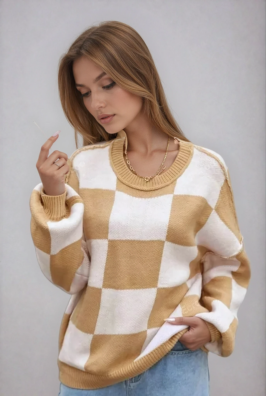 Trendy Checkerboard Knit Women's Sweater - OutfitLondon