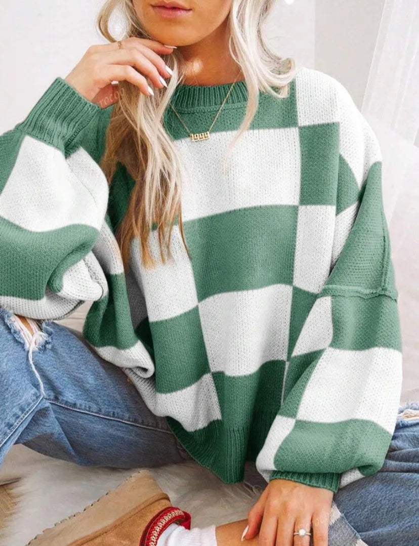 Trendy Checkerboard Knit Women's Sweater