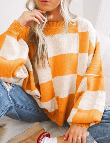 Trendy Checkerboard Knit Women's Sweater
