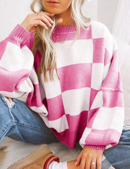 Trendy Checkerboard Knit Women's Sweater