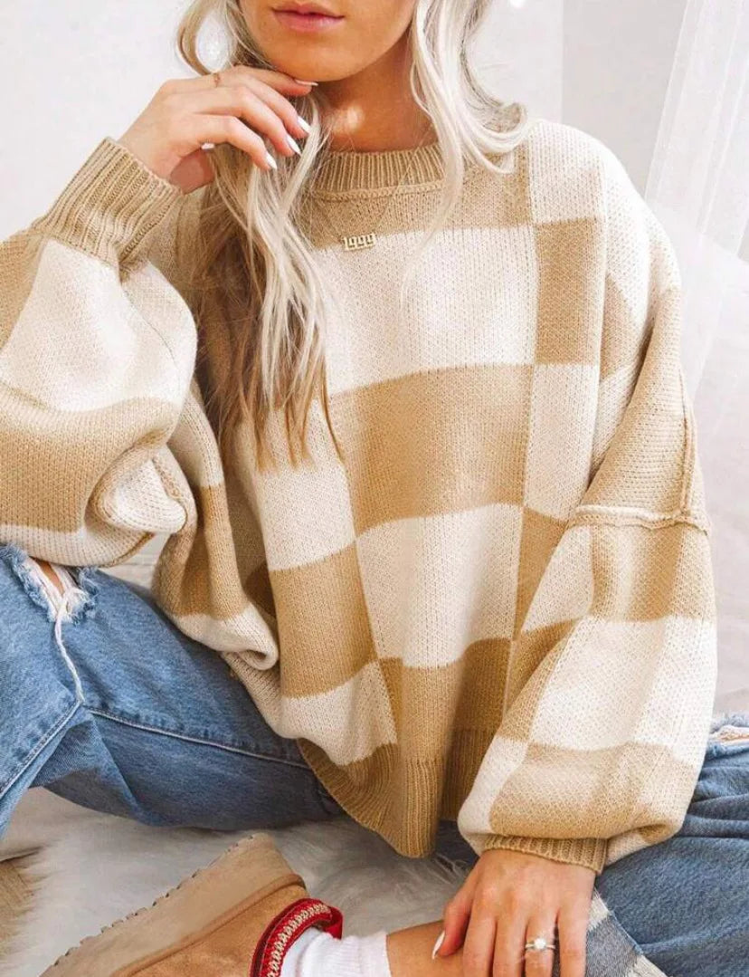 Trendy Checkerboard Knit Women's Sweater