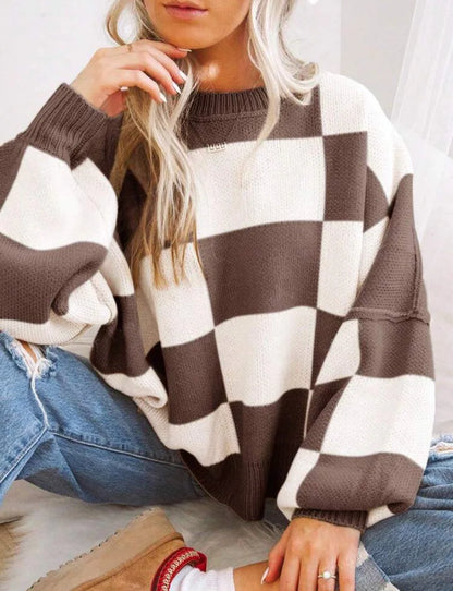 Trendy Checkerboard Knit Women's Sweater