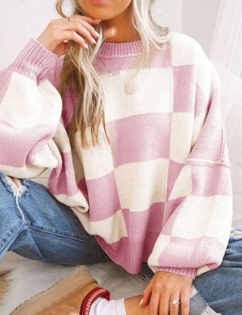 Trendy Checkerboard Knit Women's Sweater