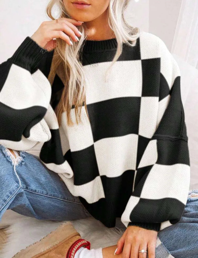 Trendy Checkerboard Knit Women's Sweater
