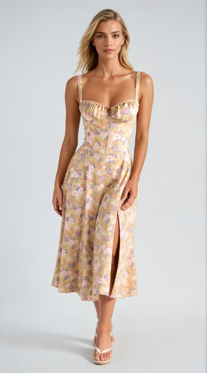 Women's Fitted Waist Midi Dress with Shaped Top - OutfitLondon