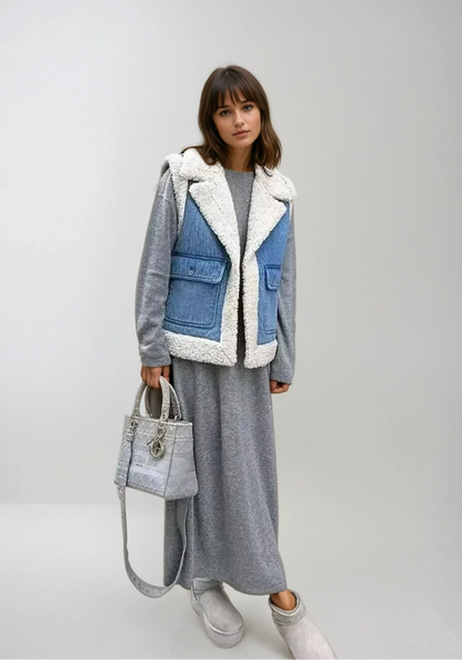 Warm Faux Shearling Denim Jacket - OutfitLondon