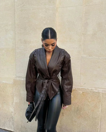 Women's Chic Faux Leather Coat with Shawl Neck - OutfitLondon