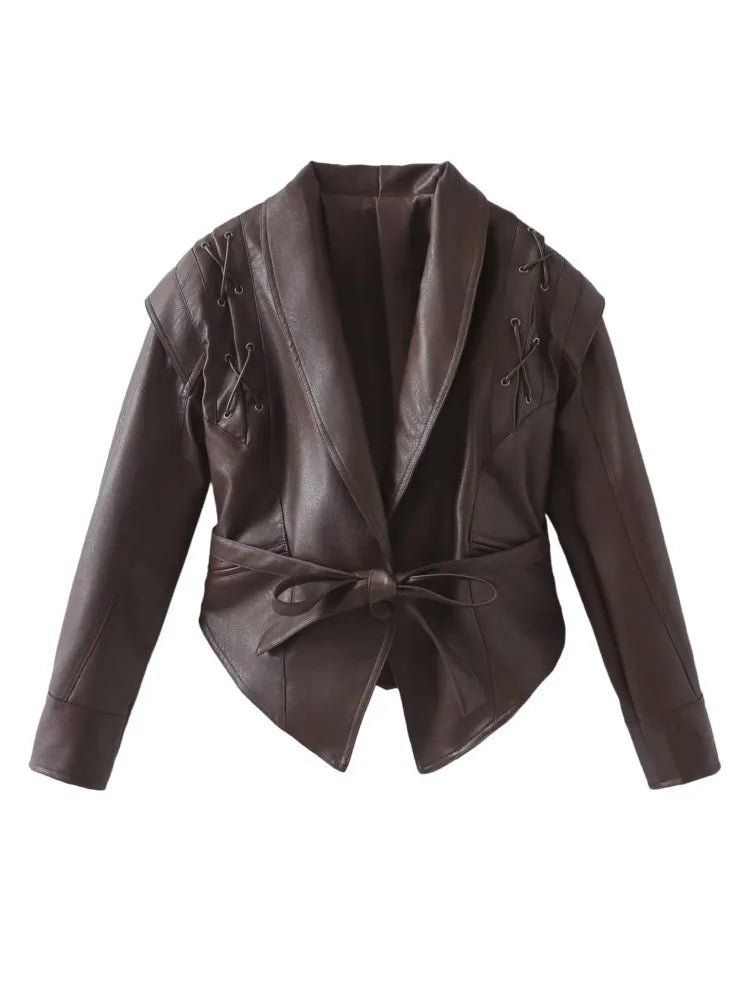 Women's Chic Faux Leather Coat with Shawl Neck