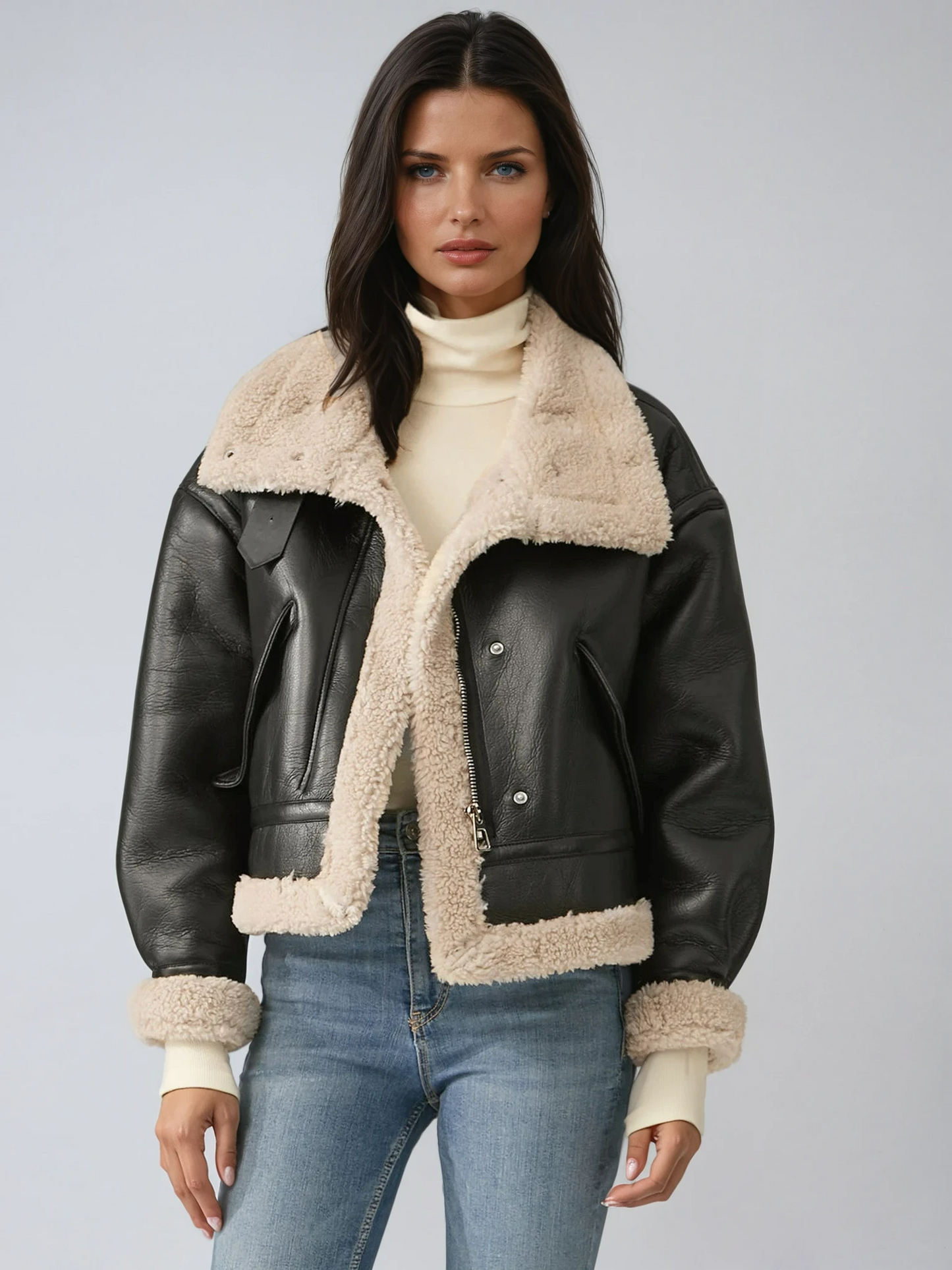Warm Fleece Lined Women's Leather Coat - OutfitLondon