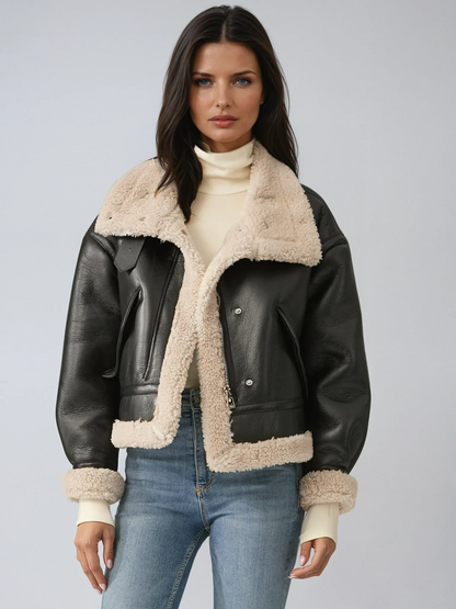 Warm Fleece Lined Women's Leather Coat - OutfitLondon
