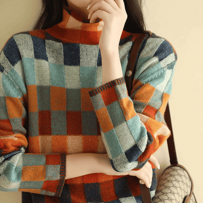 Colorful Patchwork Women's Turtleneck Sweater