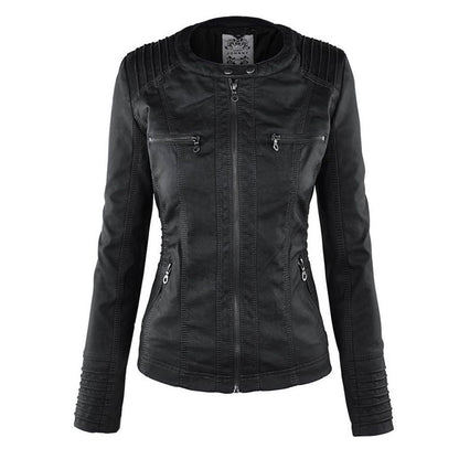 Faux Leather Hooded Women's Coat