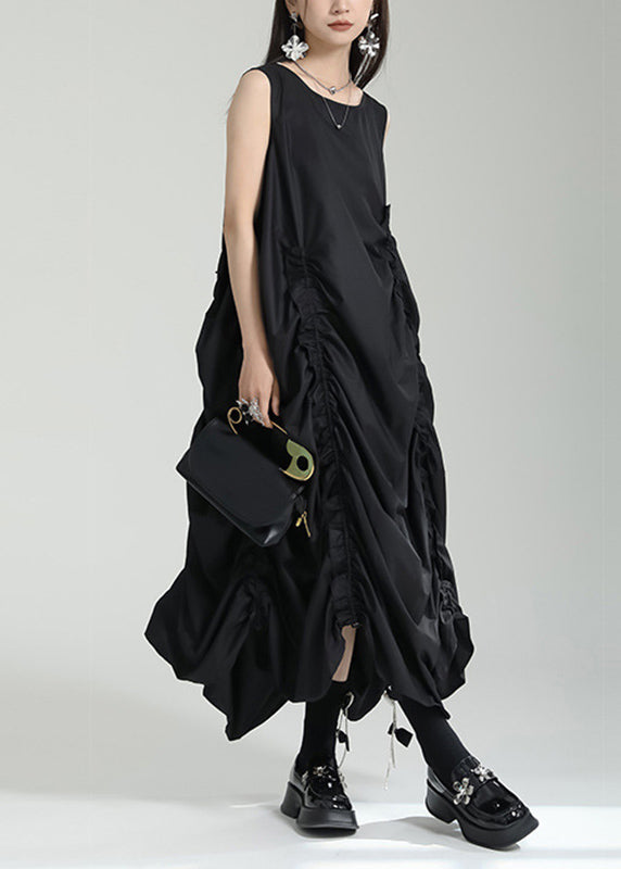 Women's Asymmetric Maxi Dress Textured Black - OutfitLondon