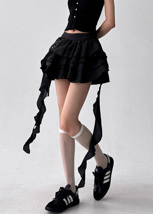 Women's High Waisted Skirt Cotton Blend Black Asymmetric - OutfitLondon