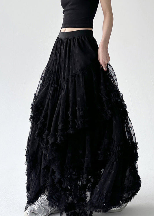Women's Asymmetrical Ruffle Skirt Black Tulle Elastic Waist - OutfitLondon