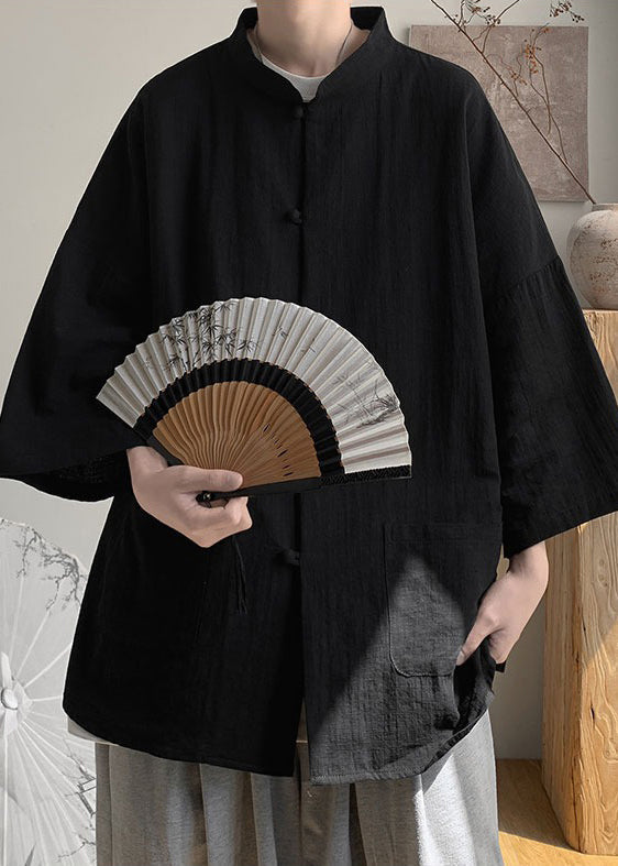 Mens Linen Shirt Black Stand Collar Breathable Summer - OutfitLondon