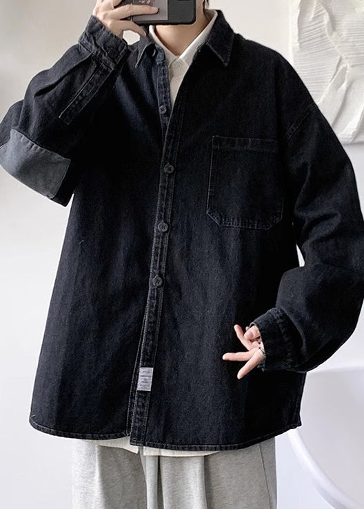 Men's Loose Fit Denim Shirt Peter Pan Collar Oversized Blue - OutfitLondon