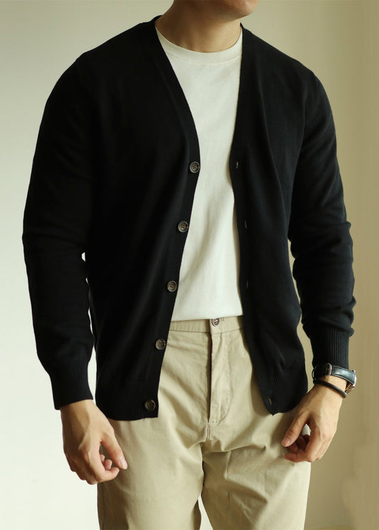 Mens Black Knit Cardigan V Neck Lightweight - OutfitLondon