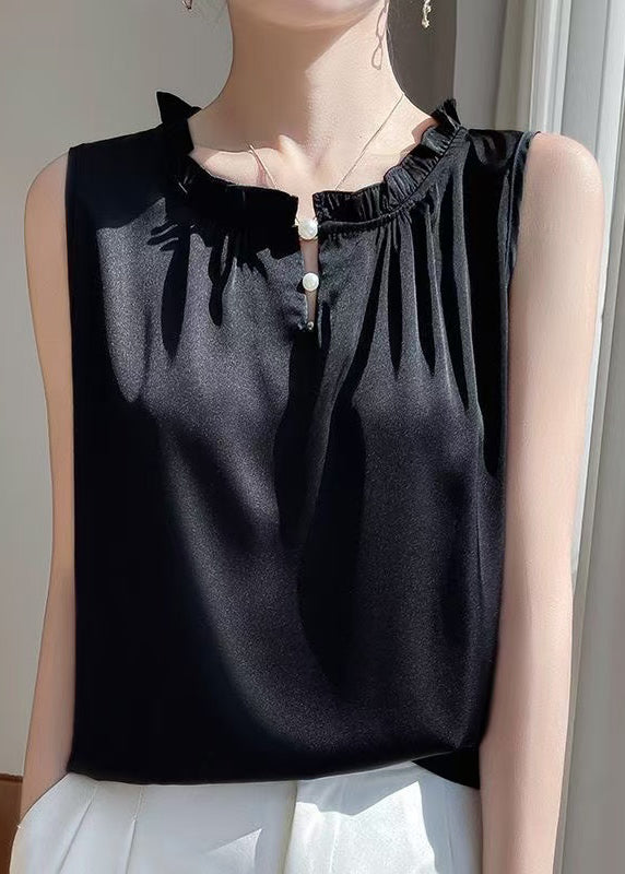 Women's Silk Sleeveless Blouse Black Ruffles - OutfitLondon
