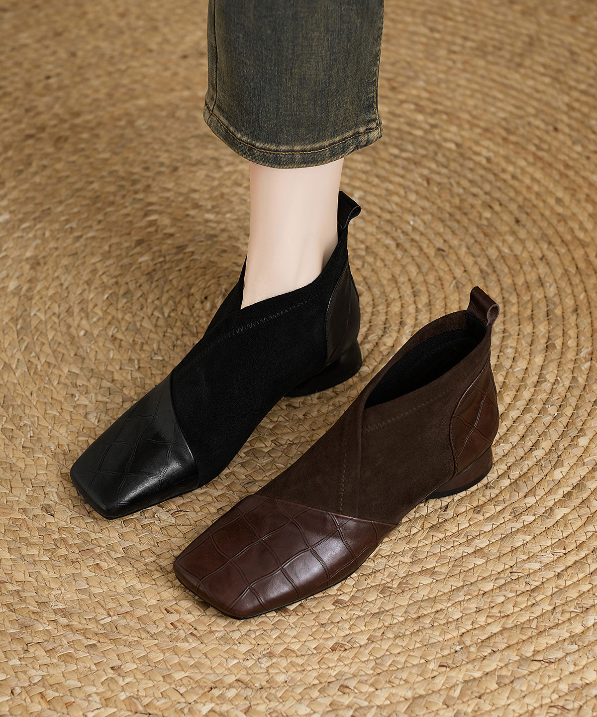 Women's Cowhide Leather Boots Cushioned Insole Thick Heel Black - OutfitLondon