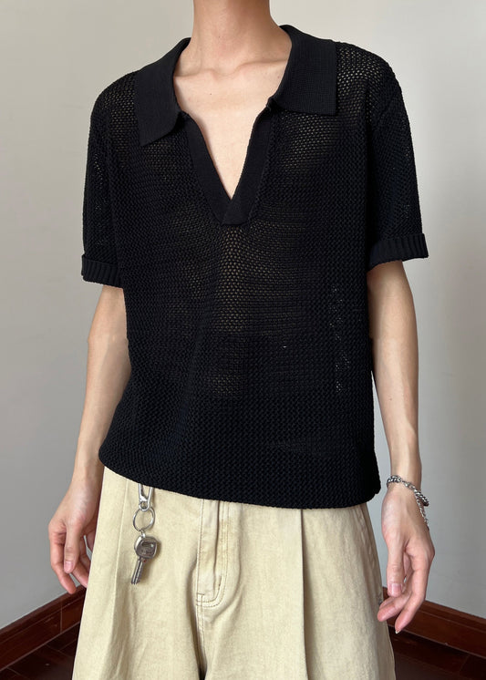 Men's Black Hollow Out Knit Polo Shirt Breathable Lightweight - OutfitLondon