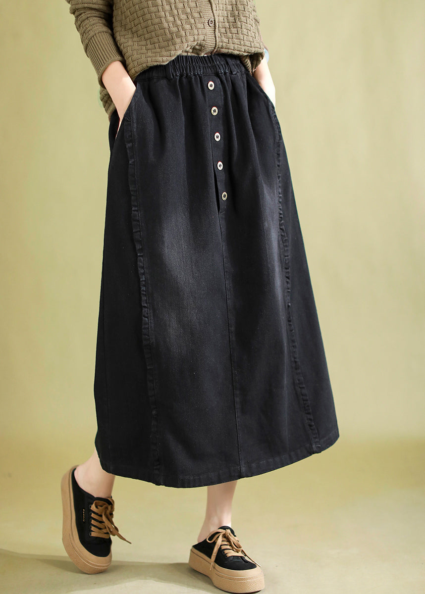 Women's Elastic Waist Denim Skirt Black - OutfitLondon