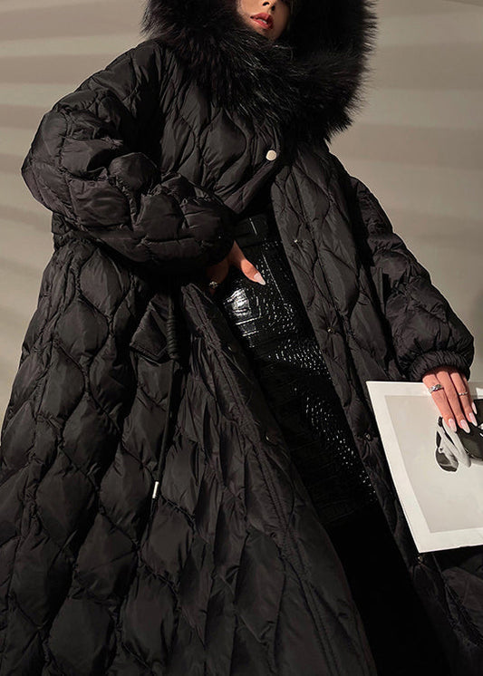 Unisex Down Coat Fur Collar Drawstring Pockets Black - OutfitLondon