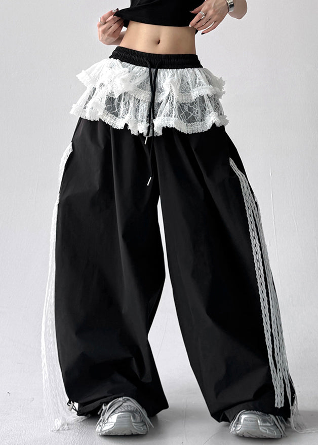 Women's Cotton Lace Pants Elastic Waist Black - OutfitLondon