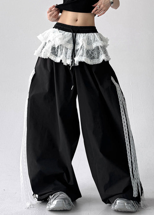 Women's Cotton Lace Pants Elastic Waist Black - OutfitLondon