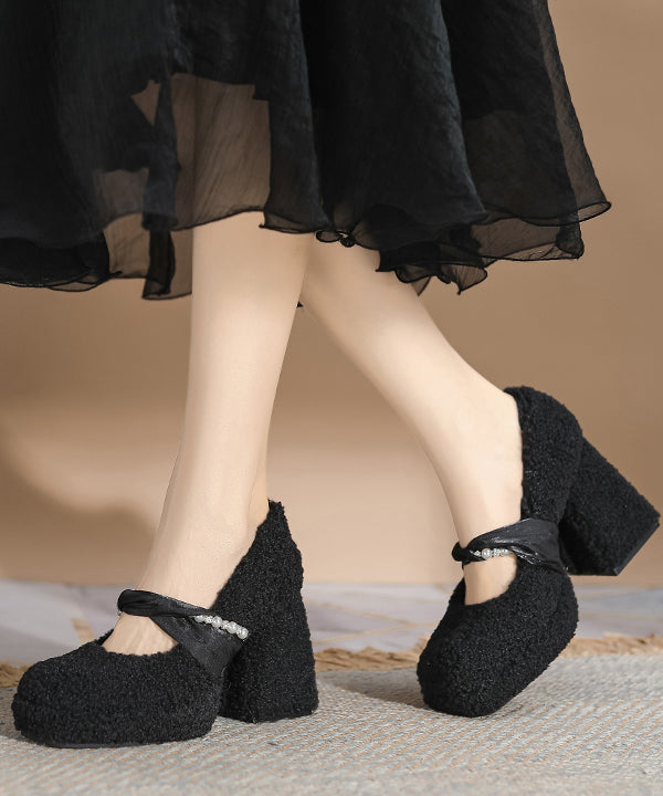 Women's Faux Fur High Heels 9cm Thick Heel Black - OutfitLondon