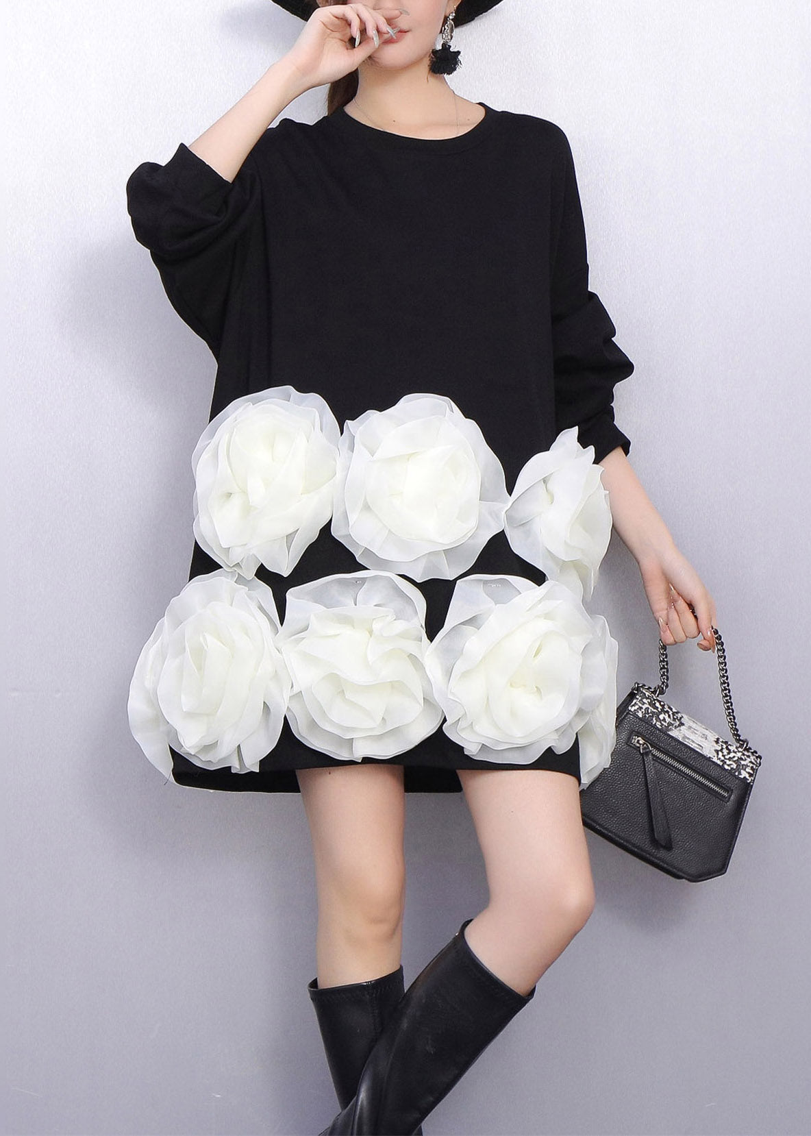 Women's Black Floral Cotton Midi Dress Oversized Comfortable - OutfitLondon